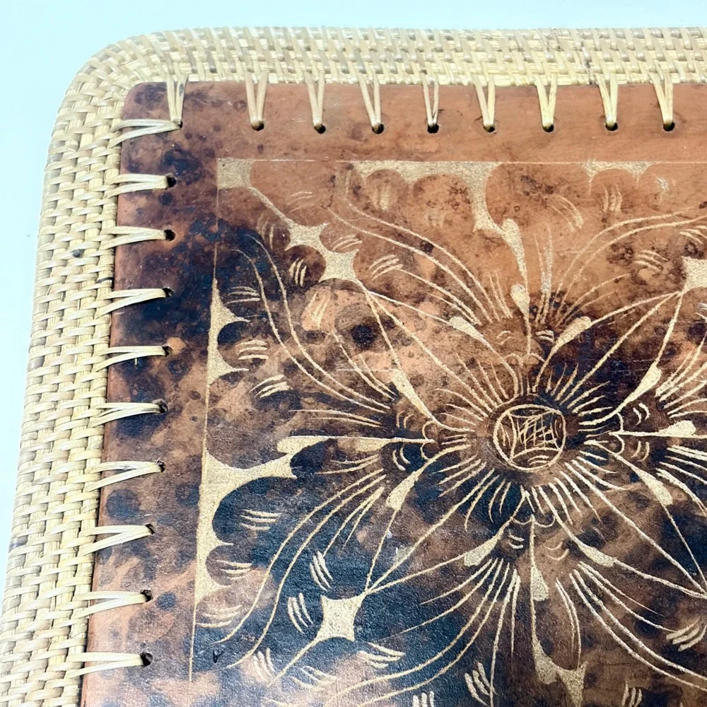 Etched Stretched Leather Starburst Compass Tile Ratan Border L Square Trivet